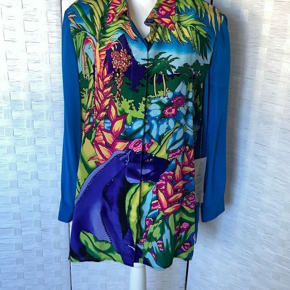 NWT Vintage Diane Gilman Purple Panther Sequin Silk Tropic Jungle Hawaiian Blous